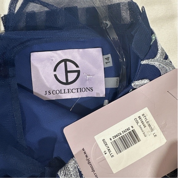 NWT JS Collections [ 14 ] Leighton Illusion Column‎ Gown in Oxford Blue G1462 - Picture 5 of 14